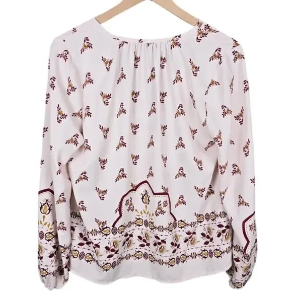 Bobeau White Peasant Blouse Sz S Burgundy Gold Floral Print Boho Long Sleeve Top - Picture 3 of 4